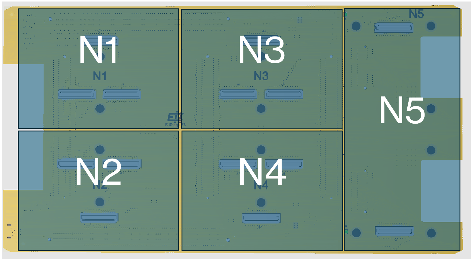 Q2 Layout of N-tops, displaying N1 top left, N2 bottom left, N3 top middle, N4 bottom middle and N5 on the right.